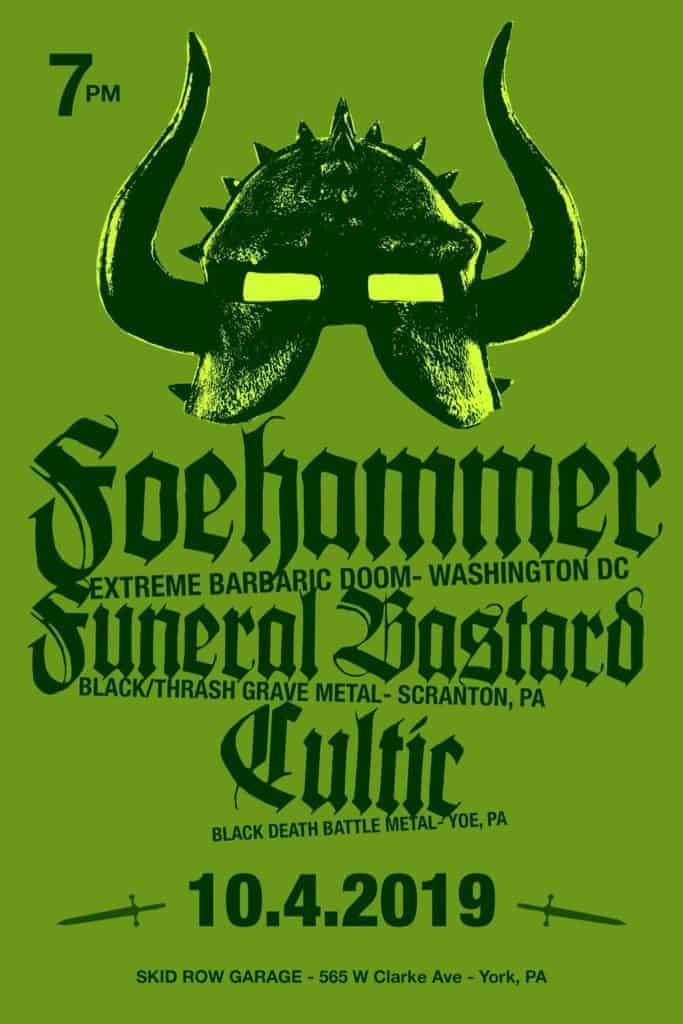 Cultic, Foehammer & Funeral Bastard live in York, PA at Skid Row Garage