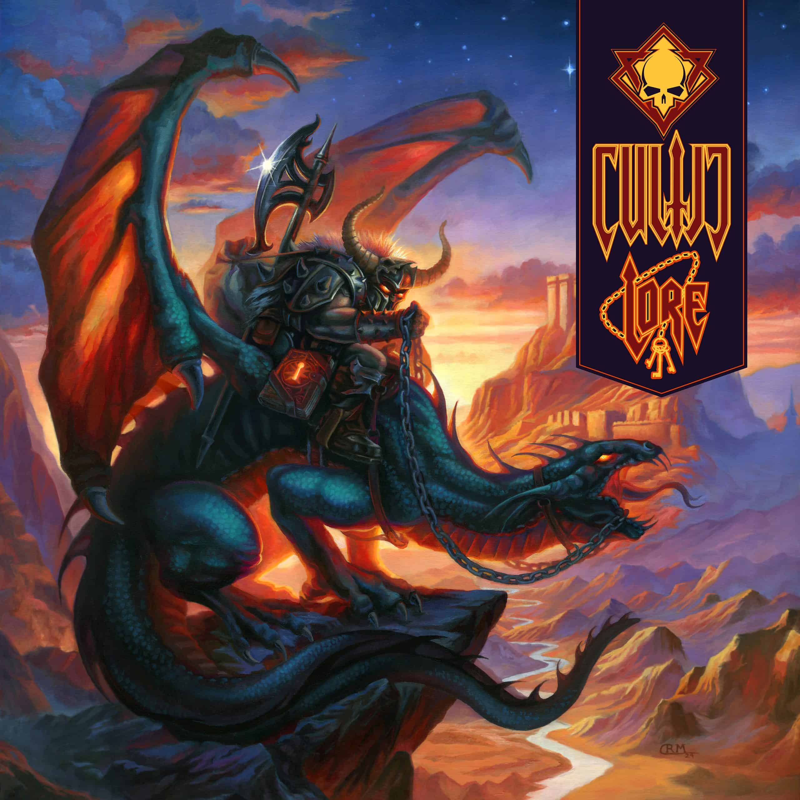 Cultic Lore Album Cover - Evil Warrior Sitting on a Black Dragon with Sunset and Fortress in Background